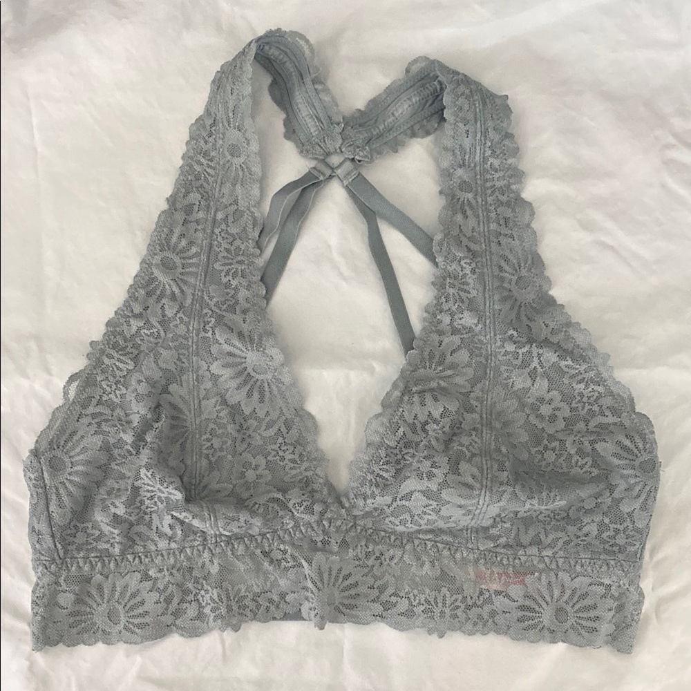 PINK Victoria's Secret Gray (blue-ish hues) Lace Bralette with Halter Straps